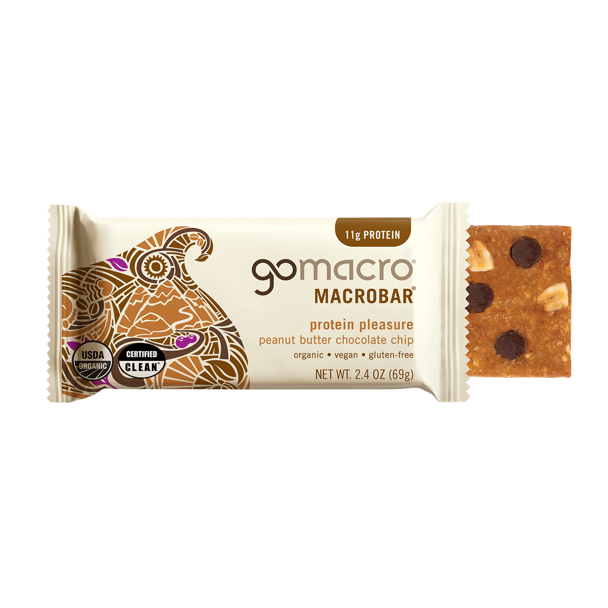 GoMacro Peanut Butter Chocolate Chip MacroBar, 11g plant protein, 290 calories, USDA Organic, vegan meal-size endurance bar