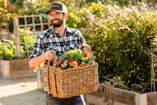 Man in gomacro garden holding a basket full of vegetables