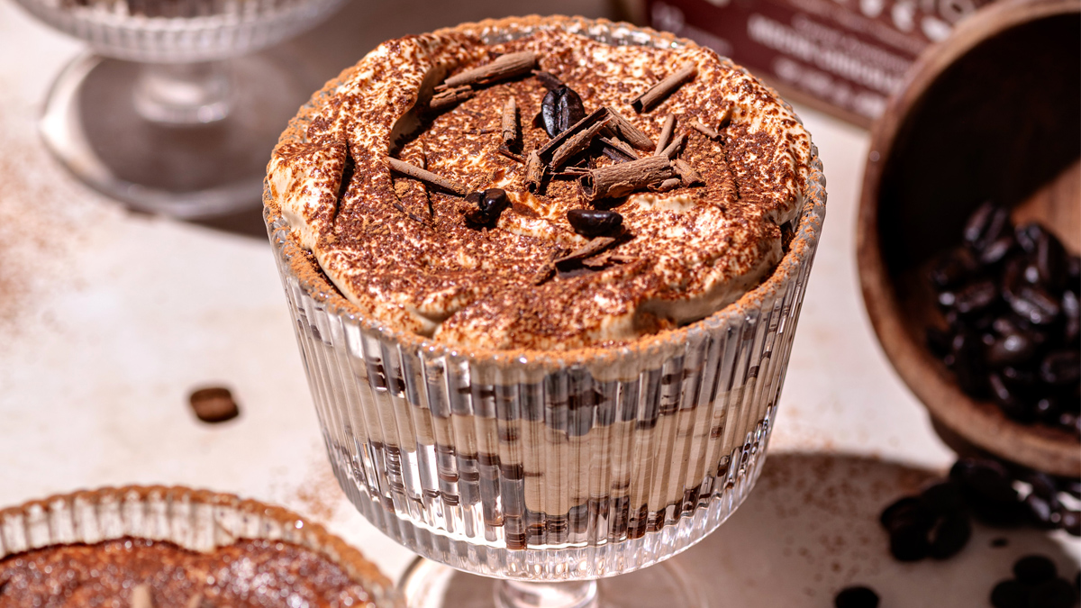 Tiramisu layered with a coffee-infused mousse and GoMacro MacroBar