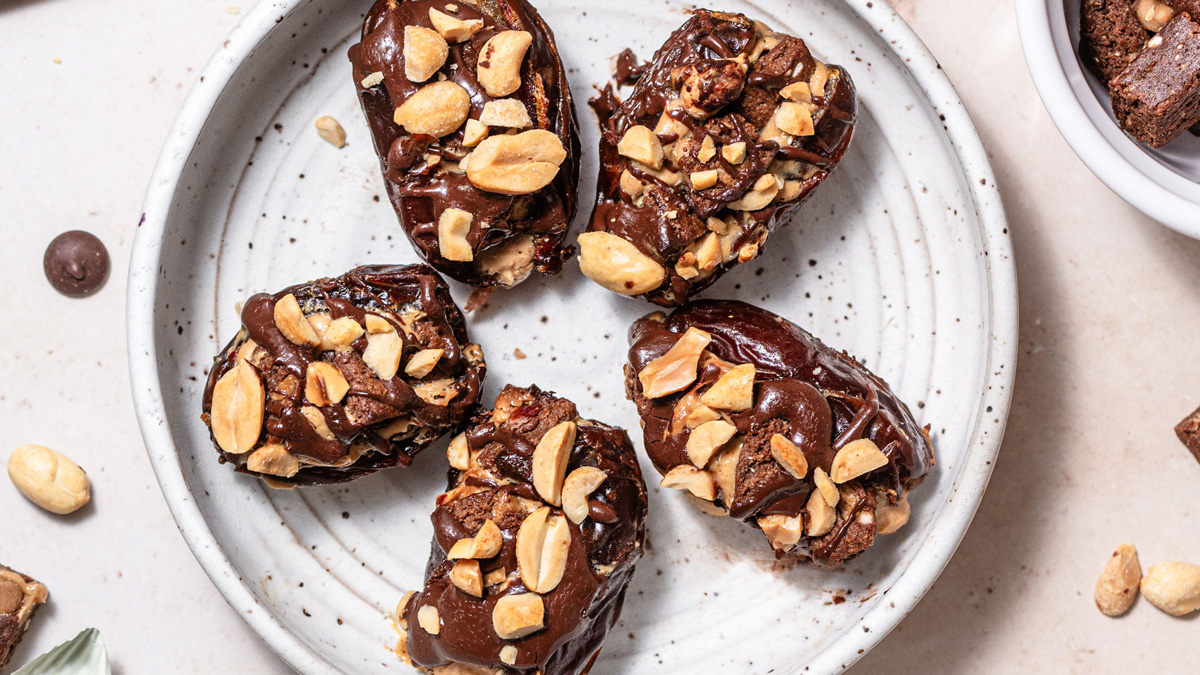 Dates stuffed with Double Chocolate + Peanut Butter Chips MacroBars